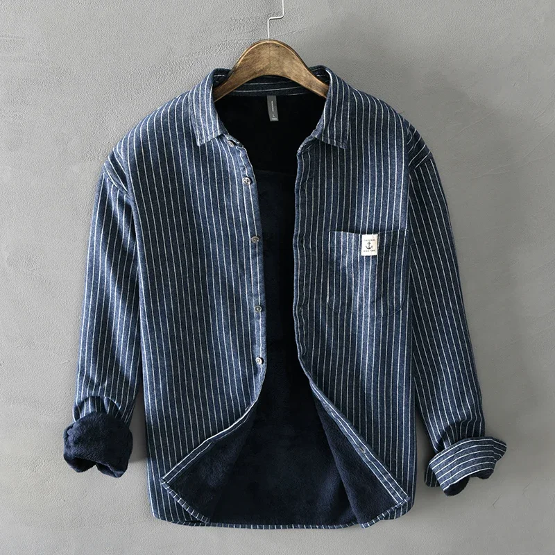Flannel Shirt Lined - Homens inverno moda velo forrado quente