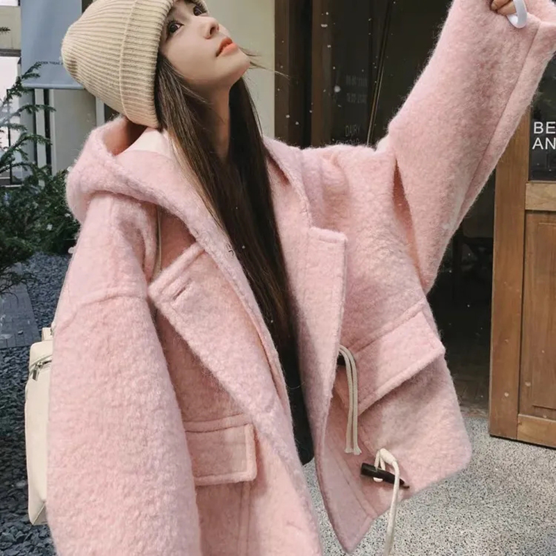 Wool Coat Peacoat - Rosa com capuz colheita casacos de